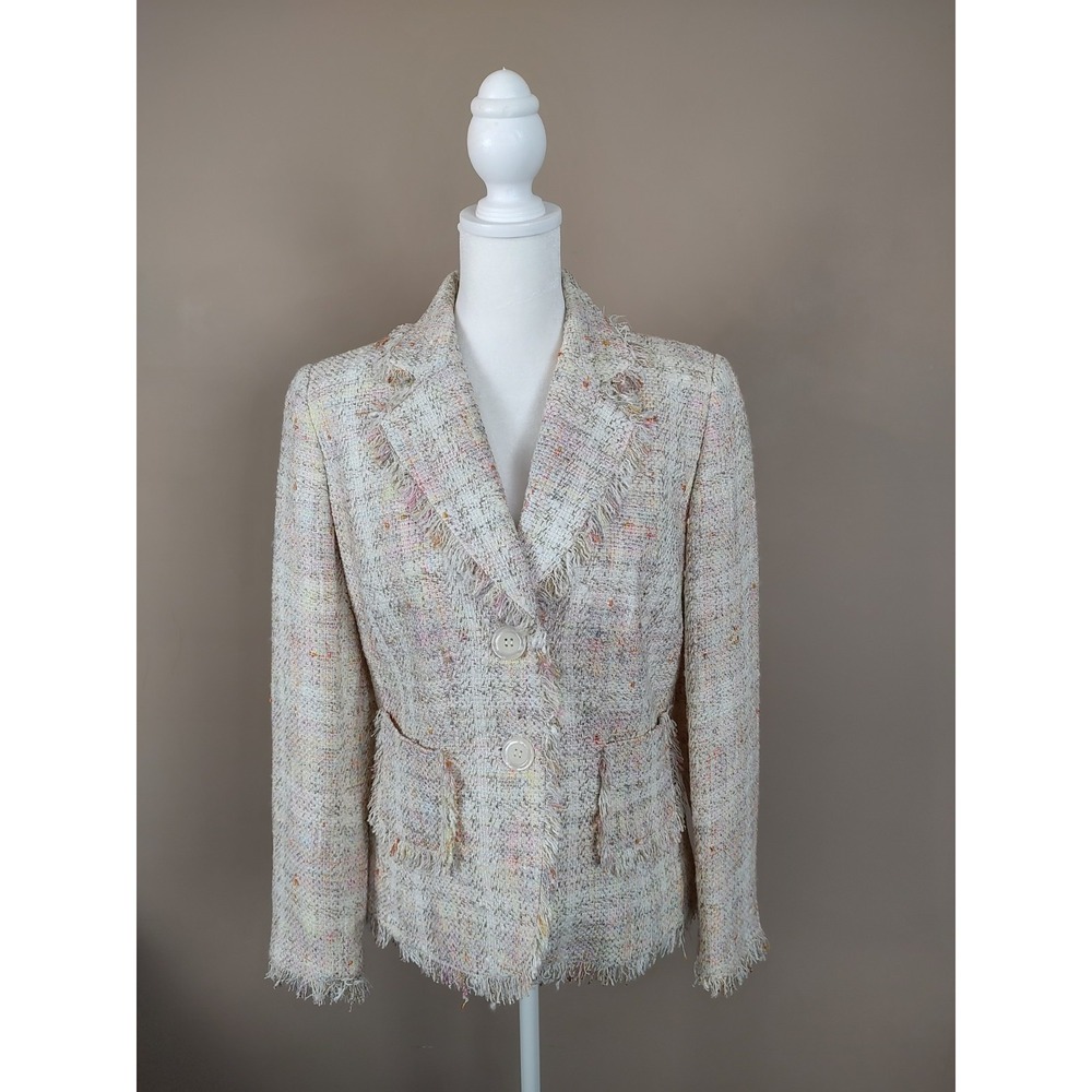B. MOSS TAILOR‎ BLAZER Tweed JACKET 4 Fringe Pastel Grandma Grannycore Ivory